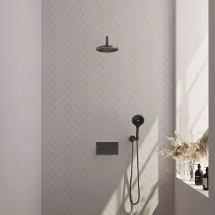 Brauer Gunmetal Carving Thermostatic Built-in Shower Set Push buttons - Overhead shower 20 cm - Curved wall arm - Round hand shower - Wall connection - Brushed gunmetal PVD