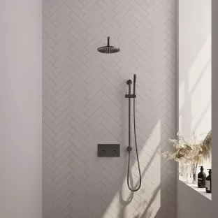 Brauer Gunmetal Carving Thermostatic Built-in Shower Set Push buttons - Overhead shower 20 cm - Curved wall arm - Rod hand shower - Sliding bar with connection bend - Brushed gunmetal PVD