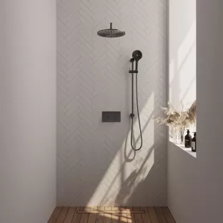 Brauer Gunmetal Carving Thermostatic Built-in Shower Set Push buttons - Overhead shower 30 cm - Curved wall arm - Round hand shower - Sliding bar with connection bend - Brushed gunmetal PVD