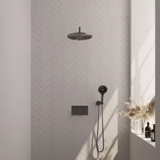 Brauer Gunmetal Carving Thermostatic Built-in Shower Set Push buttons - Overhead shower 30 cm - Curved wall arm - Round hand shower - Wall connection - Brushed gunmetal PVD