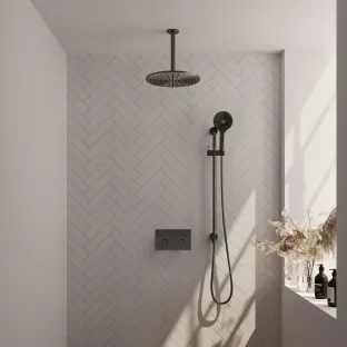 Brauer Gunmetal Carving Thermostatic Built-in Shower Set Push buttons - Overhead shower 30 cm - Ceiling arm - Round hand shower - Sliding bar with connection bend - Brushed gunmetal PVD