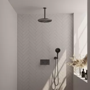 Brauer Gunmetal Carving Thermostatic Built-in Shower Set Push buttons - Overhead shower 30 cm - Ceiling arm - Round hand shower - Wall connection - Brushed gunmetal PVD