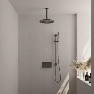 Brauer Gunmetal Carving Thermostatic Built-in Shower Set Push buttons - Overhead shower 30 cm - Ceiling arm - Rod hand shower - Sliding bar with connection bend - Brushed gunmetal PVD