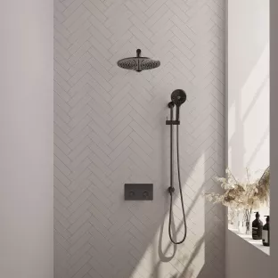 Brauer Gunmetal Carving Thermostatic Built-in Shower Set Push buttons - Overhead shower 30 cm - Straight wall arm - Round hand shower - Sliding bar with connection bend - Brushed gunmetal PVD