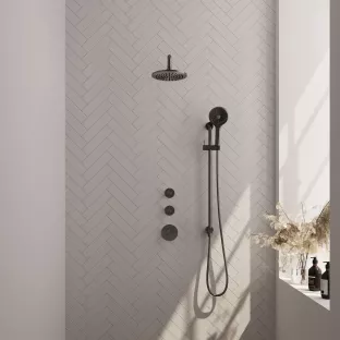 Brauer Gunmetal Carving Thermostatic Built-in Shower Set - Overhead shower 20 cm - Curved wall arm - Round hand shower - Sliding bar with connection bend - Brushed gunmetal PVD