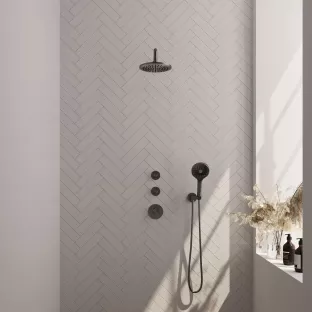 Brauer Gunmetal Carving Thermostatic Built-in Shower Set - Overhead shower 20 cm - Curved wall arm - Round hand shower - Wall connection - Brushed gunmetal PVD