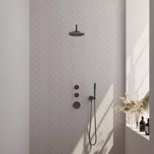 Brauer Gunmetal Carving Thermostatic Built-in Shower Set - Overhead shower 20 cm - Curved wall arm - Rod hand shower - Wall connection - Brushed gunmetal PVD