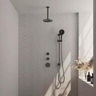 Brauer Gunmetal Carving Thermostatic Built-in Shower Set - Overhead shower 20 cm - Ceiling arm - Round hand shower - Sliding bar with connection bend - Brushed gunmetal PVD