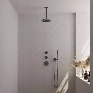 Brauer Gunmetal Carving Thermostatic Built-in Shower Set - Overhead shower 20 cm - Ceiling arm - Rod hand shower - Wall connection - Brushed gunmetal PVD