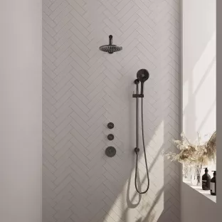 Brauer Gunmetal Carving Thermostatic Built-in Shower Set - Overhead shower 20 cm - Straight wall arm - Round hand shower - Sliding bar with connection bend - Brushed gunmetal PVD