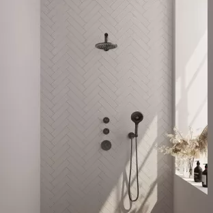 Brauer Gunmetal Carving Thermostatic Built-in Shower Set - Overhead shower 20 cm - Straight wall arm - Round hand shower - Wall connection - Brushed gunmetal PVD