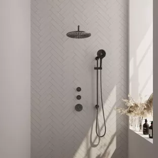 Brauer Gunmetal Carving Thermostatic Built-in Shower Set - Overhead shower 30 cm - Curved wall arm - Round hand shower - Sliding bar with connection bend - Brushed gunmetal PVD