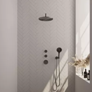 Brauer Gunmetal Carving Thermostatic Built-in Shower Set - Overhead shower 30 cm - Curved wall arm - Round hand shower - Wall connection - Brushed gunmetal PVD