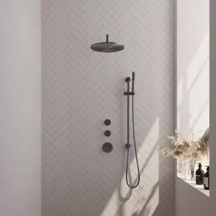 Brauer Gunmetal Carving Thermostatic Built-in Shower Set - Overhead shower 30 cm - Curved wall arm - Rod hand shower - Sliding bar with connection bend - Brushed gunmetal PVD