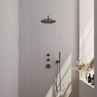 Brauer Gunmetal Carving Thermostatic Built-in Shower Set - Overhead shower 30 cm - Curved wall arm - Rod hand shower - Wall connection - Brushed gunmetal PVD