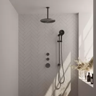 Brauer Gunmetal Carving Thermostatic Built-in Shower Set - Overhead shower 30 cm - Ceiling arm - Round hand shower - Sliding bar with connection bend - Brushed gunmetal PVD