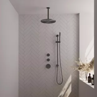 Brauer Gunmetal Carving Thermostatic Built-in Shower Set - Overhead shower 30 cm - Ceiling arm - Rod hand shower - Sliding bar with connection bend - Brushed gunmetal PVD