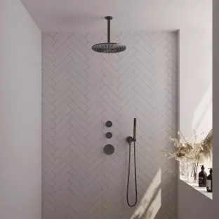 Brauer Gunmetal Carving Thermostatic Built-in Shower Set - Overhead shower 30 cm - Ceiling arm - Rod hand shower - Wall connection - Brushed gunmetal PVD