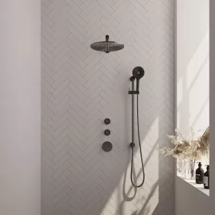 Brauer Gunmetal Carving Thermostatic Built-in Shower Set - Overhead shower 30 cm - Straight wall arm - Round hand shower - Sliding bar with connection bend - Brushed gunmetal PVD