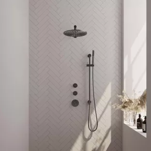 Brauer Gunmetal Carving Thermostatic Built-in Shower Set - Overhead shower 30 cm - Straight wall arm - Rod hand shower - Sliding bar with connection bend - Brushed gunmetal PVD