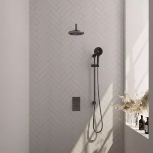 Brauer Gunmetal Edition built-in set with 3-way thermostat - main shower 20 cm - curved wall arm - round hand shower - sliding bar with connection bend - brushed gunmetal pvd