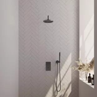 Brauer Gunmetal Edition built-in set with 3-way thermostat - overhead shower 20 cm - curved wall arm - rod hand shower - wall connection - brushed gunmetal pvd