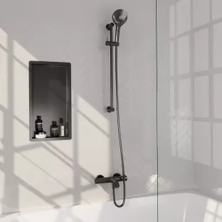 Brauer Gunmetal Edition Surface-mounted Bath shower thermostat tap - sliding bar - round hand shower 3 settings - shower hose - gunmetal brushed PVD