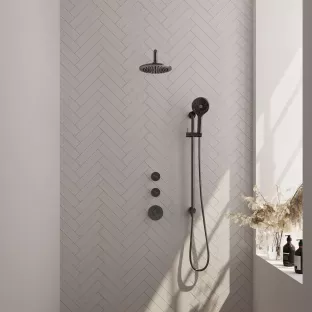 Brauer Gunmetal Edition thermostatic built-in shower set - overhead shower 20 cm - curved wall arm - round hand shower - sliding bar with connection bend - brushed gunmetal pvd