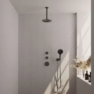 Brauer Gunmetal Edition thermostatic built-in shower set - overhead shower 20 cm - ceiling arm - round hand shower - wall connection - brushed gunmetal pvd