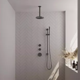 Brauer Gunmetal Edition thermostatic built-in shower set - overhead shower 20 cm - ceiling arm - rod hand shower - sliding bar with connection bend - brushed gunmetal pvd