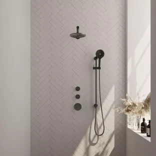 Brauer Gunmetal Edition thermostatic built-in shower set - overhead shower 20 cm - straight wall arm - round hand shower - sliding bar with connection bend - brushed gunmetal pvd