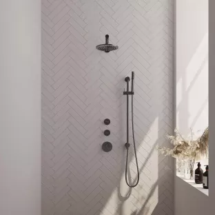 Brauer Gunmetal Edition thermostatic built-in shower set - overhead shower 20 cm - straight wall arm - rod hand shower - sliding bar with connection bend - brushed gunmetal pvd