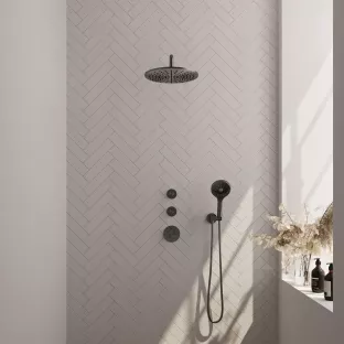 Brauer Gunmetal Edition thermostatic built-in shower set - overhead shower 30 cm - curved wall arm - round hand shower - wall connection - brushed gunmetal pvd