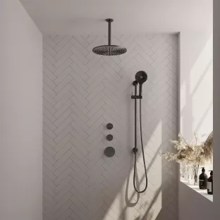 Brauer Gunmetal Edition thermostatic built-in shower set - overhead shower 30 cm - ceiling arm - round hand shower - sliding bar with connection bend - brushed gunmetal pvd