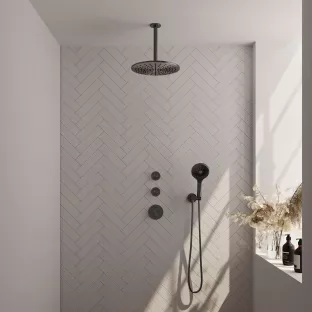 Brauer Gunmetal Edition thermostatic built-in shower set - overhead shower 30 cm - ceiling arm - round hand shower - wall connection - brushed gunmetal pvd