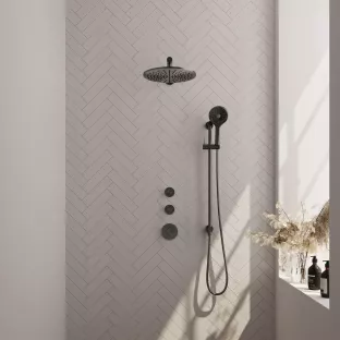 Brauer Gunmetal Edition thermostatic built-in shower set - overhead shower 30 cm - straight wall arm - round hand shower - sliding bar with connection bend - brushed gunmetal pvd