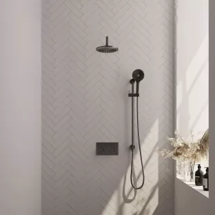 Brauer Gunmetal Edition thermostatic built-in rain shower set - push buttons - main shower 20 cm - curved wall arm - round hand shower - sliding bar with connection bend - brushed gunmetal pvd