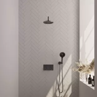 Brauer Gunmetal Edition thermostatic built-in rain shower set - push buttons - main shower 20 cm - curved wall arm - round hand shower - wall connection - brushed gunmetal pvd