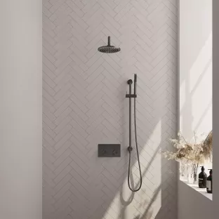 Brauer Gunmetal Edition thermostatische inbouw regendoucheset - drukknoppen - hoofddouche 20 cm - gebogen wandarm - staafhanddouche - glijstang met aansluitbocht - geborsteld gunmetal pvd