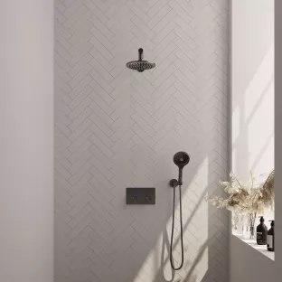 Brauer Gunmetal Edition thermostatic built-in rain shower set - push buttons - main shower 20 cm - straight wall arm - round hand shower - wall connection - brushed gunmetal pvd