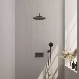 Brauer Gunmetal Edition thermostatic built-in rain shower set - push buttons - main shower 30 cm - curved wall arm - round hand shower - wall connection - brushed gunmetal pvd