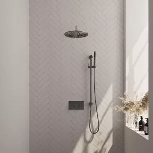 Brauer Gunmetal Edition thermostatic built-in rain shower set - push buttons - main shower 30 cm - curved wall arm - rod hand shower - sliding bar with connection bend - brushed gunmetal pvd