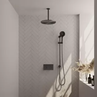 Brauer Gunmetal Edition thermostatic built-in rain shower set - push buttons - main shower 30 cm - ceiling arm - round hand shower - sliding bar with connection bend - brushed gunmetal pvd