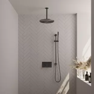 Brauer Gunmetal Edition thermostatic built-in rain shower set - push buttons - main shower 30 cm - ceiling arm - rod hand shower - sliding bar with connection bend - brushed gunmetal pvd