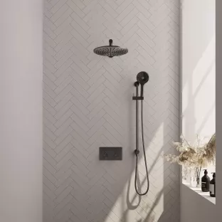 Brauer Gunmetal Edition thermostatic built-in rain shower set - push buttons - main shower 30 cm - straight wall arm - round hand shower - sliding bar with connection bend - brushed gunmetal pvd