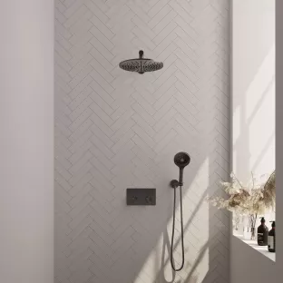 Brauer Gunmetal Edition thermostatic built-in rain shower set - push buttons - main shower 30 cm - straight wall arm - round hand shower - wall connection - brushed gunmetal pvd