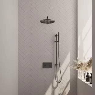 Brauer Gunmetal Edition thermostatic built-in rain shower set - push buttons - main shower 30 cm - straight wall arm - rod hand shower - sliding bar with connection bend - brushed gunmetal pvd