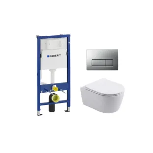 Geberit UP100 Toilet set - Noah wall-mounted toilet rimless with toilet seat softclose matt white - Geberit Delta 50 matt chrome