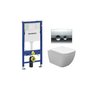 Geberit UP100 Toilet set - Sky wall-mounted toilet shortened with toilet seat softclose and quick release gloss white - Geberit Delta 25 chrome