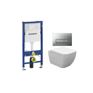 Geberit UP100 Toilet set - Sky wall-mounted toilet shortened with toilet seat softclose and quick release gloss white - Geberit Delta 50 matt chrome